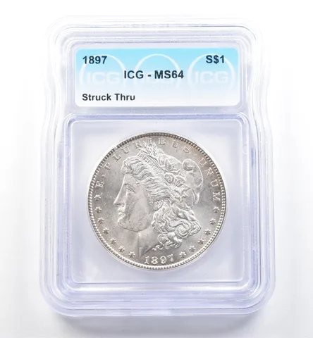 1897 Morgan Silver Dollar Mint Error Struck Thru MS64 ICG *6077