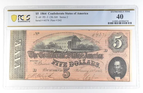 1864 $5 Confederate States T-69 PF-5 CR-560 Extremely Fine 40 PCGS a8132