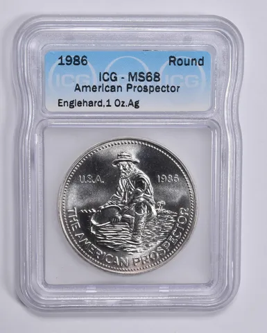 1986 Engelhard American Prospector 1 Troy Oz Silver Round MS68 ICG Graded