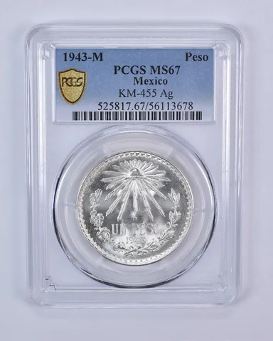 1943 M Mexico Peso Silver KM-455 MS67 PCGS Blue Label