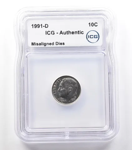 1991-D Roosevelt Dime Mint Error Misaligned Dies Authentic ICG *2434