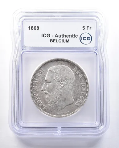 1868 Belgium 5 Francs Authentic ICG *3914