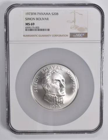 1973-FM Panama 20 Balboas Simon Bolivar Silver MS69 NGC Brown Lbl