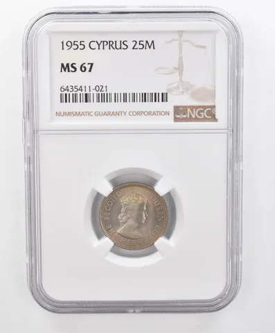 1955 Cyprus 25 Mils MS67 NGC Beautiful Tone *2674