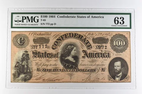 1864 $100 Confederate States of America T-65 Choice Uncirculated 63 PMG *0961