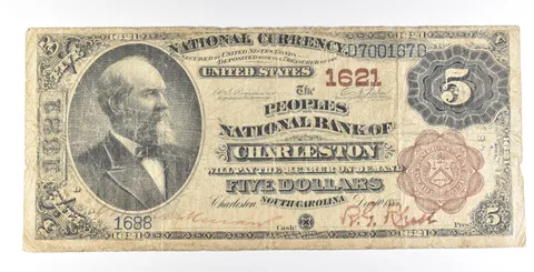 1882 $5 Charleston SC National Currency Ch#1621 Large Note Brown Back *5622