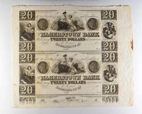 Lot (2) 1800s $20 Hagerstown MD Bank Obsolete Note Uncut *8713