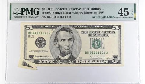 1999 $5 Dallas TX FRN Gutter Fold Error Fr#1987-K Choice XF 45 EPQ PMG *9516