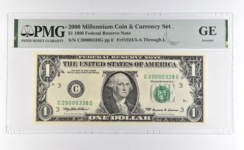 2000 Millennium Coin & Currency $1 1999 FRN Philadelphia PA Low Serial PMG a4601