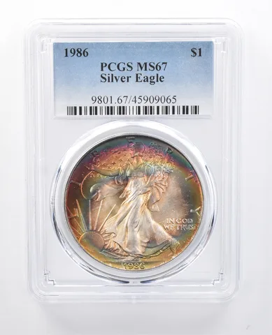 1986 American Silver Eagle MS67 PCGS Rainbow Tone *7993
