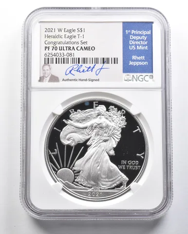 PF70 DCAM 2021-W American Silver Eagle Heraldic T-1 Congrats Jeppson NGC a0555