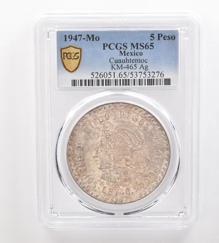 1947 Mo Mexico 5 Peso Silver Cuauhtemoc MS65 PCGS Beautiful Tone *3249