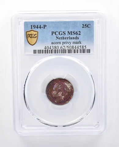 1944 P Netherlands 25 Cents Acord Privy Mark MS62 PCGS Purple Tone *8091