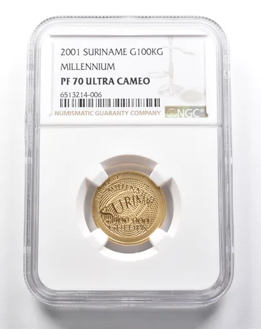 PF70 UCAM 2001 Suriname 100,000 Gulden Millennium NGC *2842