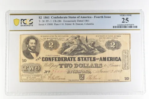 1861 $2 Confederate States T-38 PF-1 CR-286 Erroneously Dated VF 25 PCGS *4399