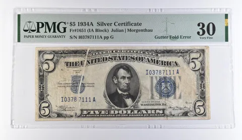 1934 A $5 Silver Certificate Fr#1651 Gutter Fold Error VF 30 PMG *9395