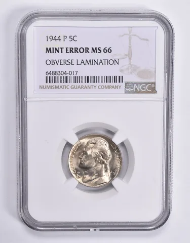 MINT ERROR MS66 1944-P Jefferson Nickel OBV Lamination NGC *1848