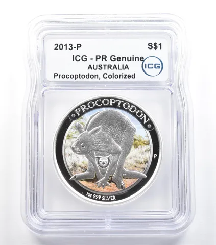 2013 P Australia 1 Dollar Silver 1 Oz Procoptodon Colorized PR Genuine ICG *5550