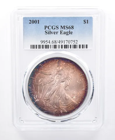 2001 American Silver Eagle MS68 PCGS Purple Tone *8667