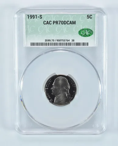 1991-S Jefferson Nickel PR70 DCAM CAC CACg