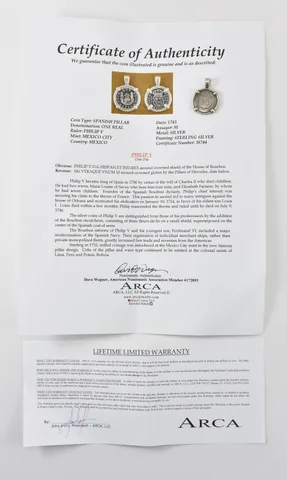 1743 Mexico 1 Real Silver In Silver Bezel W/ CoA a0769