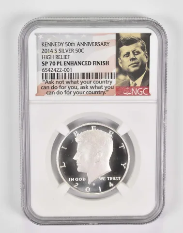 2014-S Kennedy Half Dollar Silver SP70 PL Enhanced 70 High Relief NGC