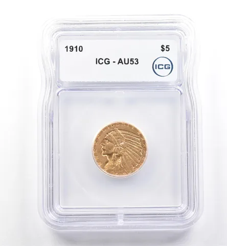 1910 $5 Indian Head Gold Half Eagle AU53 ICG *6101