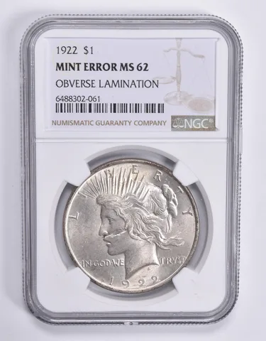 MINT ERROR MS62 1922 Peace Silver Dollar OBV Lamination NGC *1828