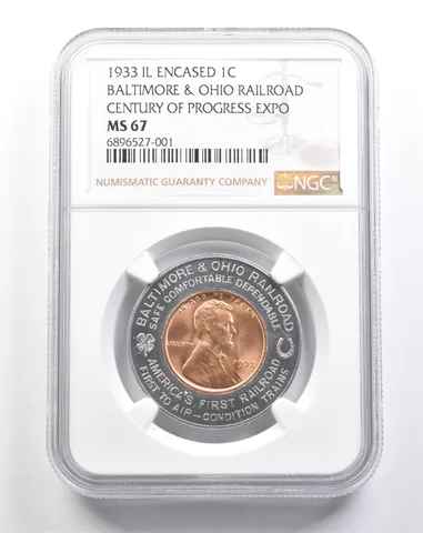 1933 IL Encased Lincoln Wheat Cent B&O Railroad Century Expo MS67 NGC *4868