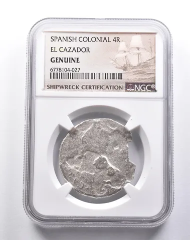 Genuine El Cazador Spanish Colonial 4 Reales NGC Shipwreck Certification a3679