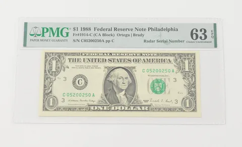 Choice UNC 63 EPQ 1988 $1 FRN Philadelphia FR#1914-C Radar S/N PMG a6603
