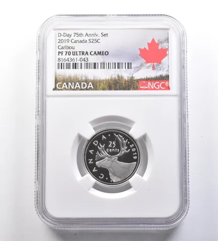 2019 Canada 25 Cents Silver D-Day 75th Anniversary Set Caribou PF70 NGC *7100