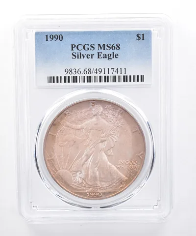 1990 American Silver Eagle MS68 PCGS Purple/Orange Tone *8445