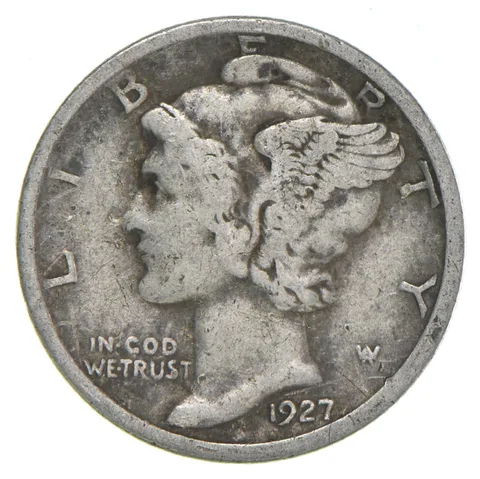 VG+ 1927-S Mercury 90% Silver Dime