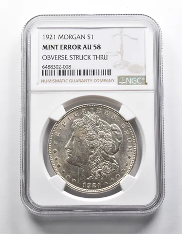 Mint Error AU58 1921 Morgan Silver Dollar OBV Struck Thru NGC *1958