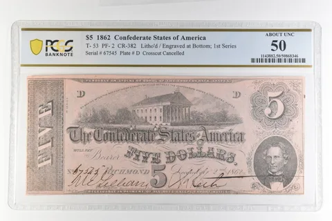 1862 $5 Confederate States Of America T-53 PF-2 CR-382 About Unc 50 PCGS *4390