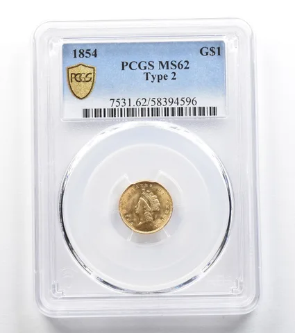 1854 $1 Indian Princess Head Gold Dollar Type 2 MS62 PCGS *9609