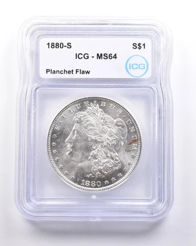 1880-S Morgan Silver Dollar Mint Error Planchet Flaw MS64 ICG *4566