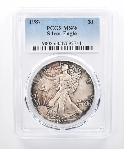1987 American Silver Eagle MS68 PCGS Watercolor Rainbow Tone *8451