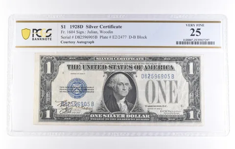 1928 D $1 Silver Certificate Fr#1604 Courtesy Autograph Very Fine 25 PCGS a8676