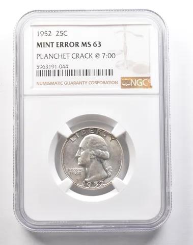 1952 Washington Quarter Mint Error Planchet Crack @ 7:00 MS63 NGC *1813