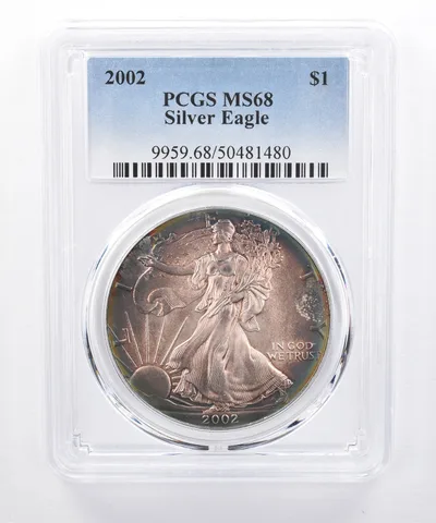 2002 American Silver Eagle MS68 PCGS Rainbow Tone *8497