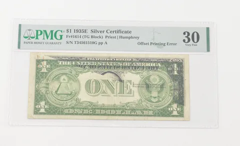VF30 1935-E $1 Silver Certificate - FR#1614 (TG Block) Printing Error PMG a6560