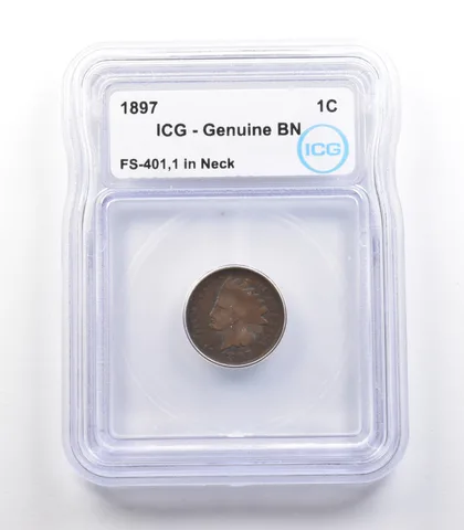 1897 Indian Head Cent Mint Error FS-401 1 In Neck Genuine BN ICG *2333