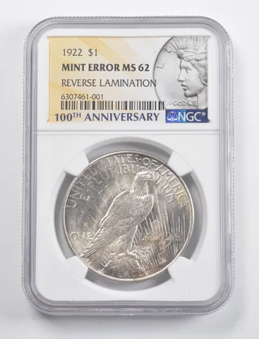 Mint Error MS62 1922 Peace Silver Dollar REV Lamination 100th NGC *3356