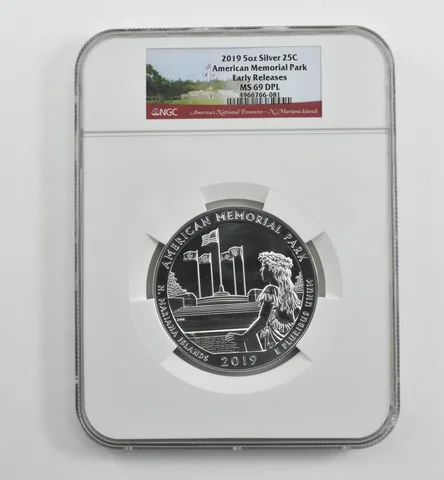 2019 5 Oz Silver Quarter ATB American Memorial Park ER MS69 DPL NGC *1543
