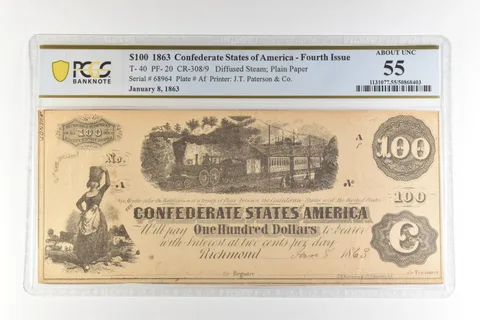 1863 $100 Confederate States America T-40 PF-20 CR-308/9 AU 55 PCGS *4458