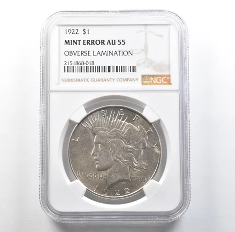 1922 Peace Silver Dollar Mint Error Obverse Lamination AU55 NGC *3141