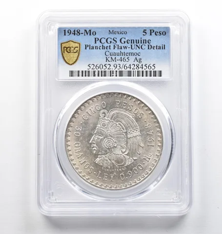 1948 Mo Mexico 5 Peso Silver Cuauhtemoc Planchet Flaw Genuine PCGS *9449