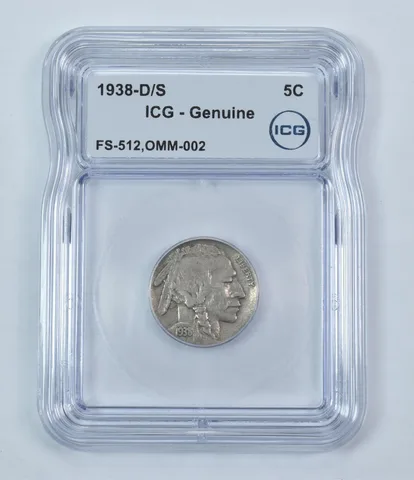 Error 1938-D/S Indian Head Buffalo Nickel FS-512 OMM-002 Genuine ICG *9258
